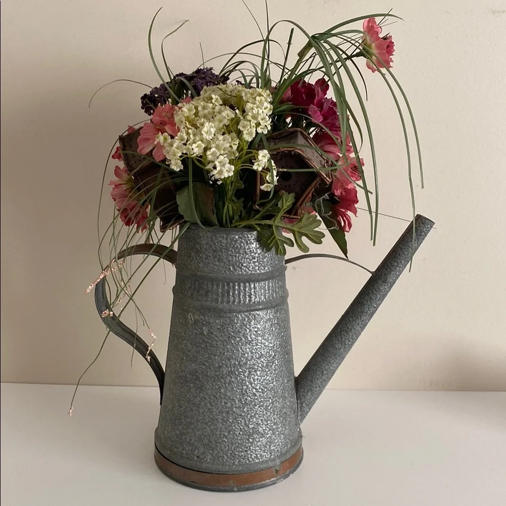 Vintage galvanized Watering Can with copper trim cottagecore Floral Arrangement
